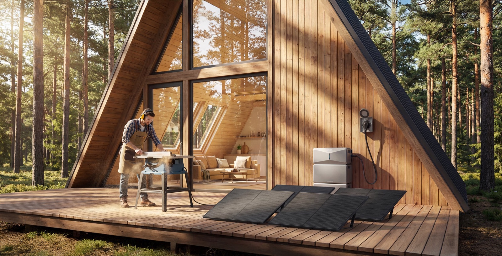 Man working on the deck of a cabin with solar panels