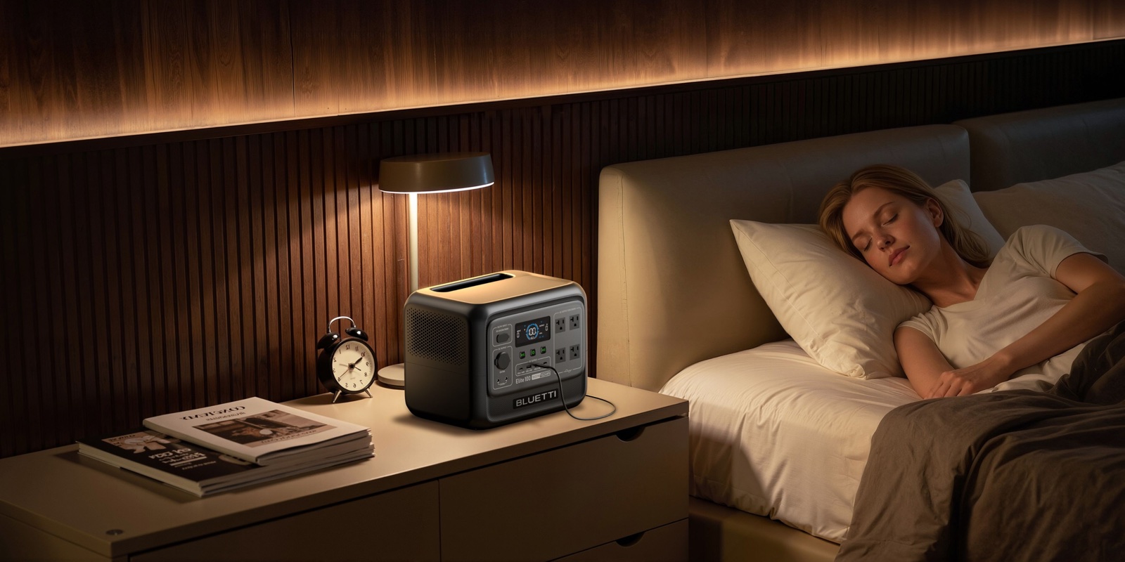 Bedside lamp and phone charging from a power station at night
