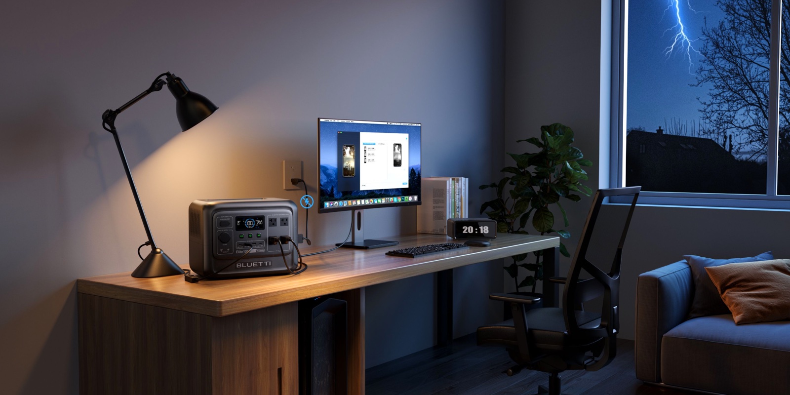 Desk lamp and monitor running on battery power during a storm