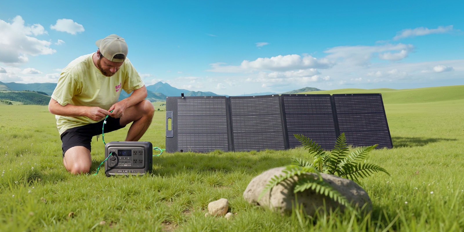 Man connecting a power station to a folding solar panel