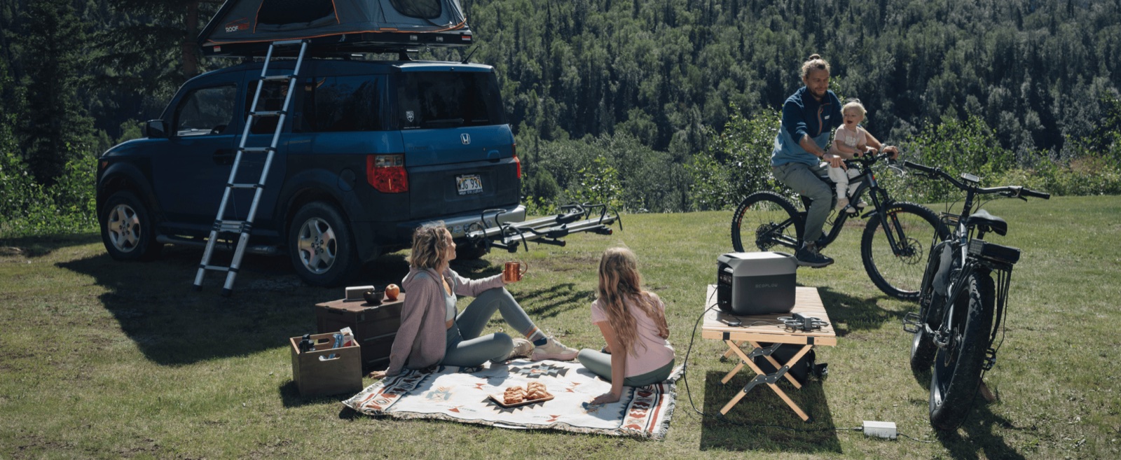 Family picnic beside a parked car with bikes and a power station